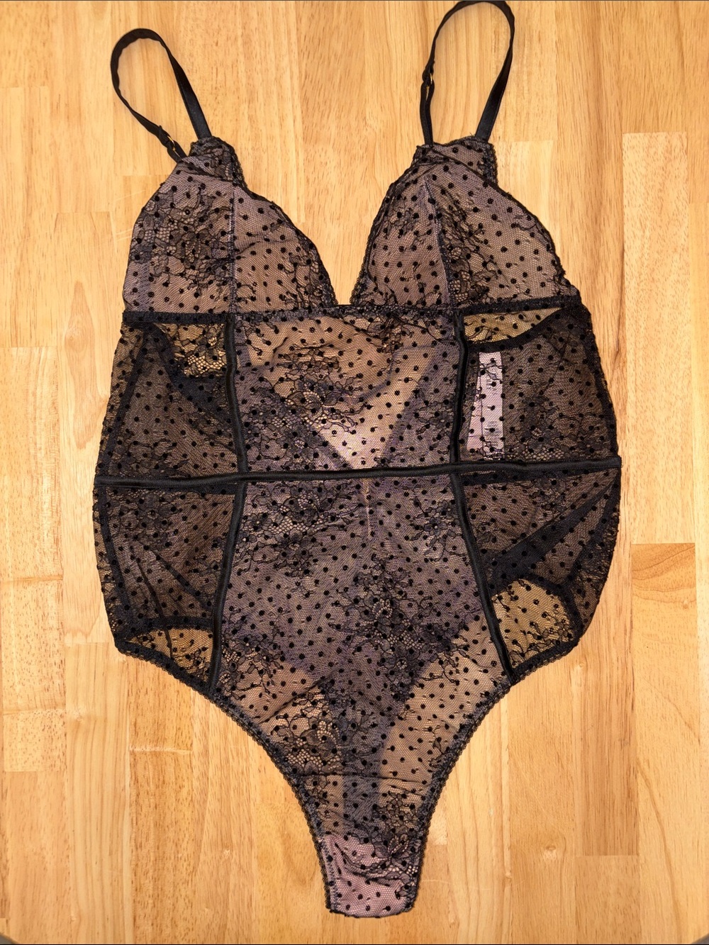 Victoria's Secret Black Sheer Polka Dot Lace Bodysuit